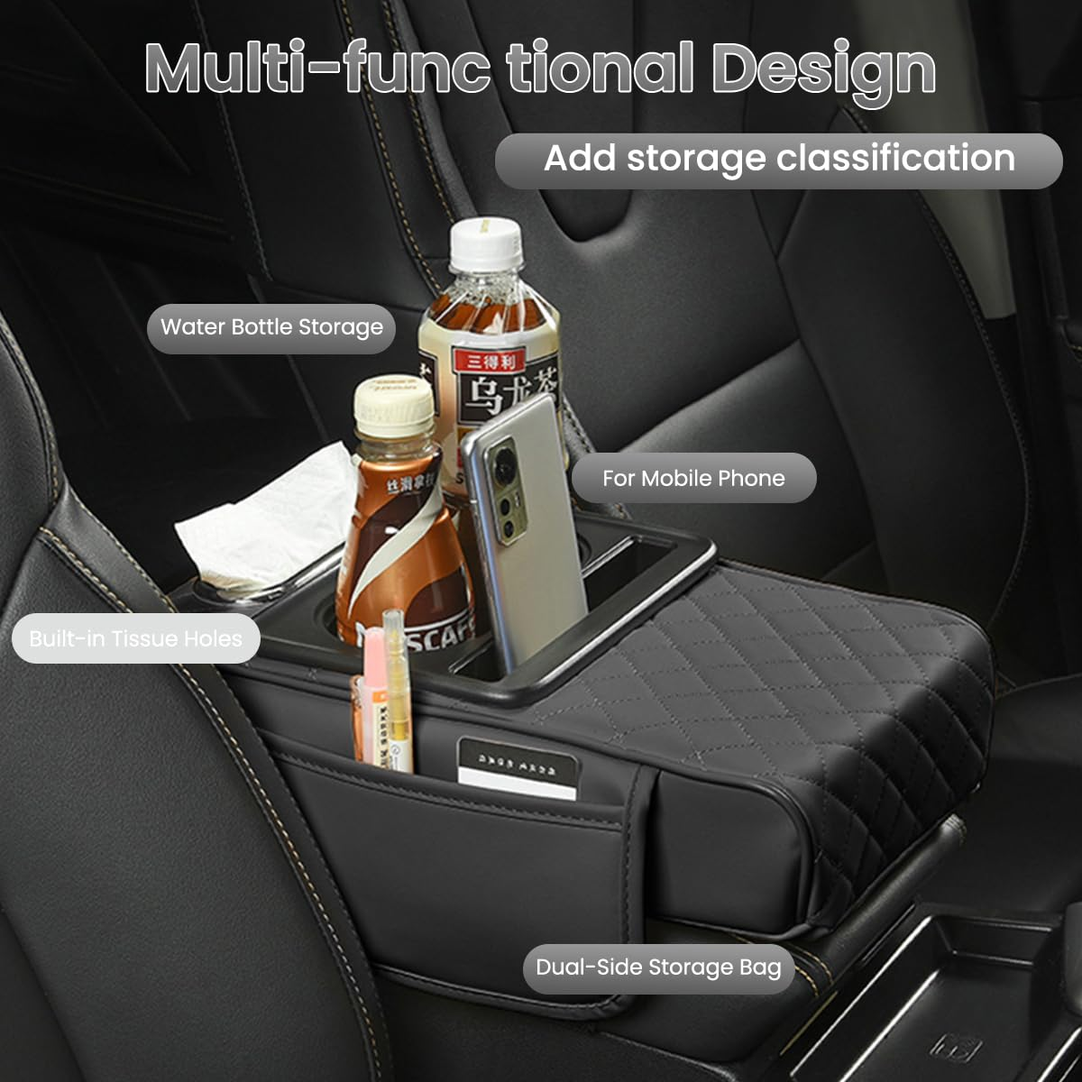 Multi-Functional Leather Car Armrest Organizer